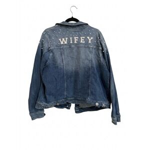 Torrid Wifey Pearl Embellished Denim Jacket Medium Wash Blue Plus Size 3 3X